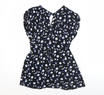 New Look Womens Black Floral Tunic Blouse Size 8 V-Neck Puff Sleeve