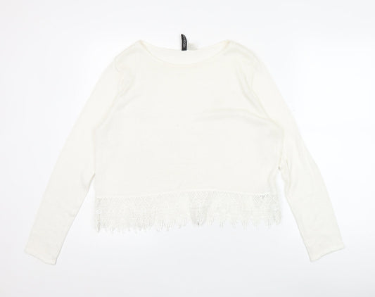 Divided Women's White Cropped Lace Fringe Blouse Size 12