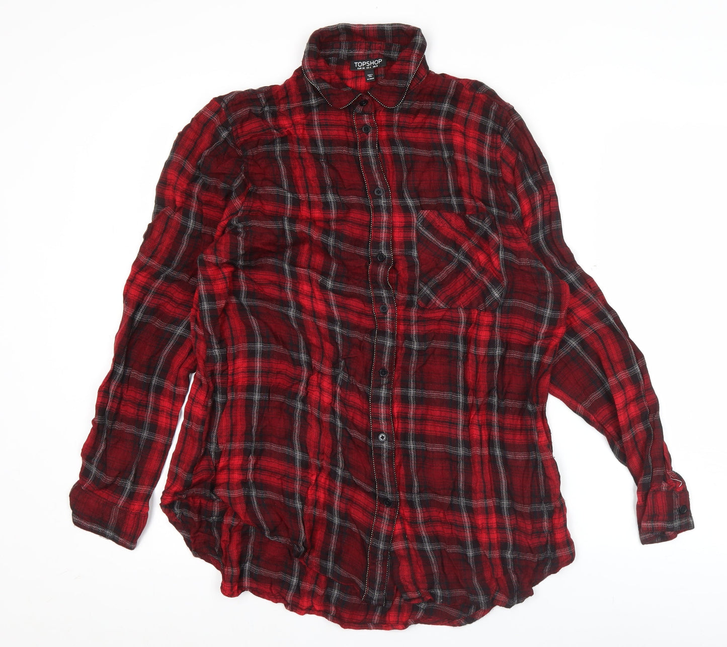 Topshop Women Red Plaid Button-Up Shirt UK 8 Long Sleeve Casual Viscose