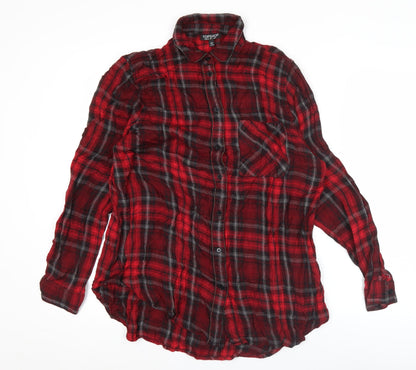 Topshop Women Red Plaid Button-Up Shirt UK 8 Long Sleeve Casual Viscose