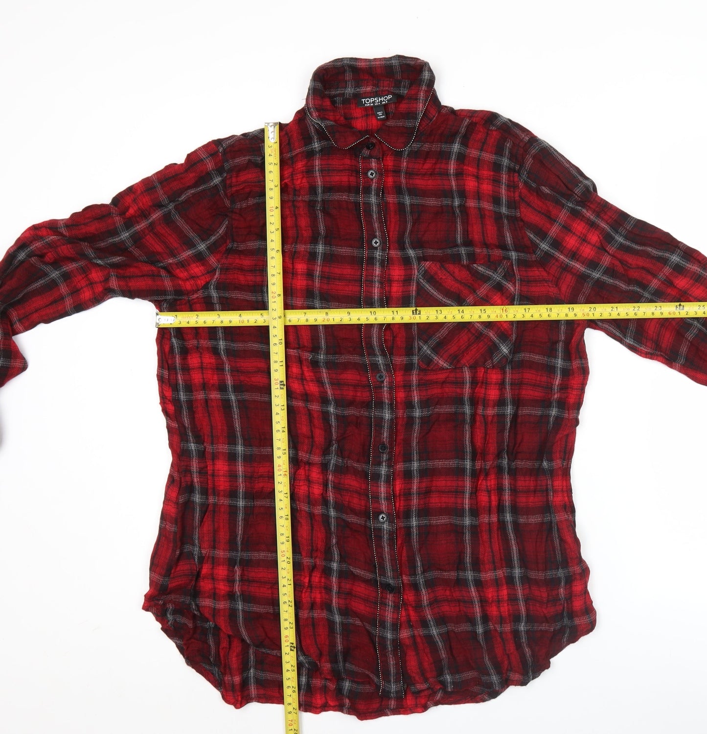 Topshop Women Red Plaid Button-Up Shirt UK 8 Long Sleeve Casual Viscose
