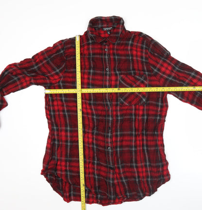 Topshop Women Red Plaid Button-Up Shirt UK 8 Long Sleeve Casual Viscose