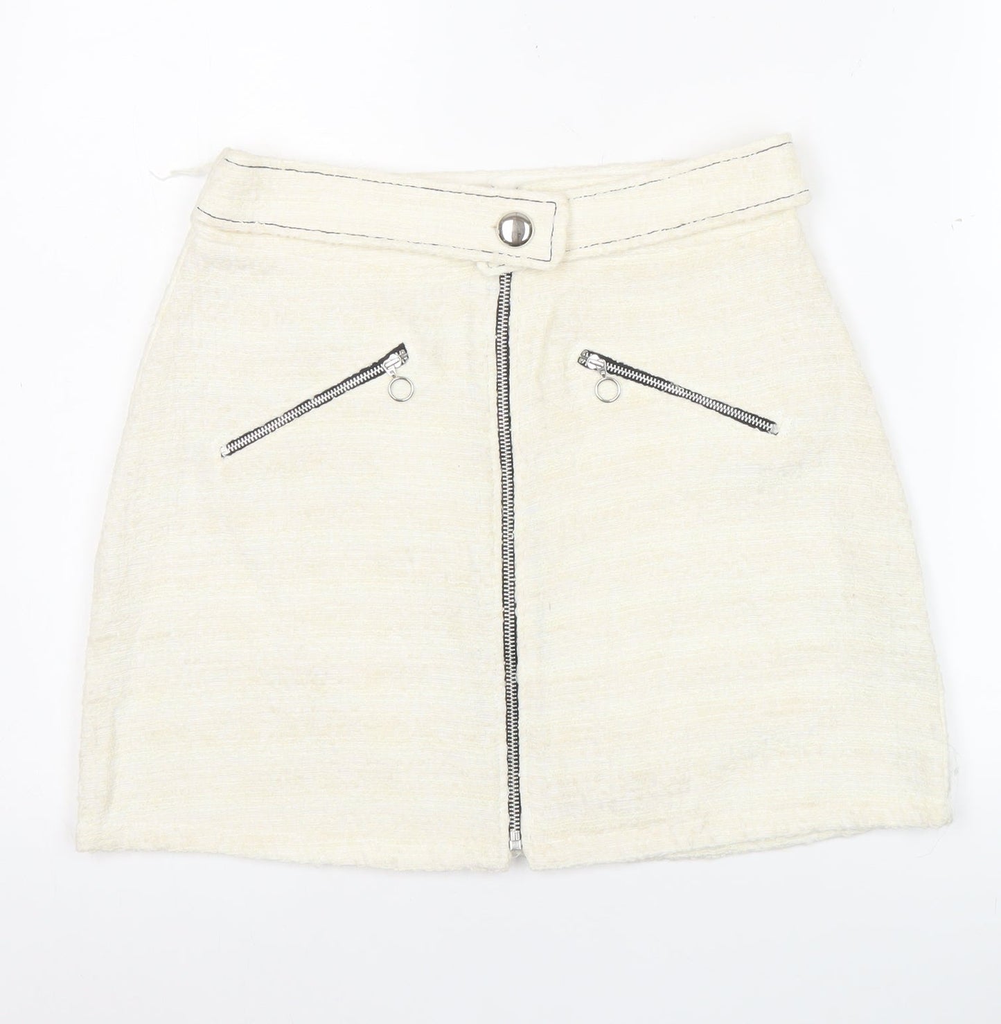 Zara Women’s Ivory Tweed Mini Skirt M Zip Front Lined Cotton Blend