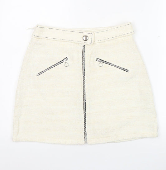 Zara Women’s Ivory Tweed Mini Skirt M Zip Front Lined Cotton Blend