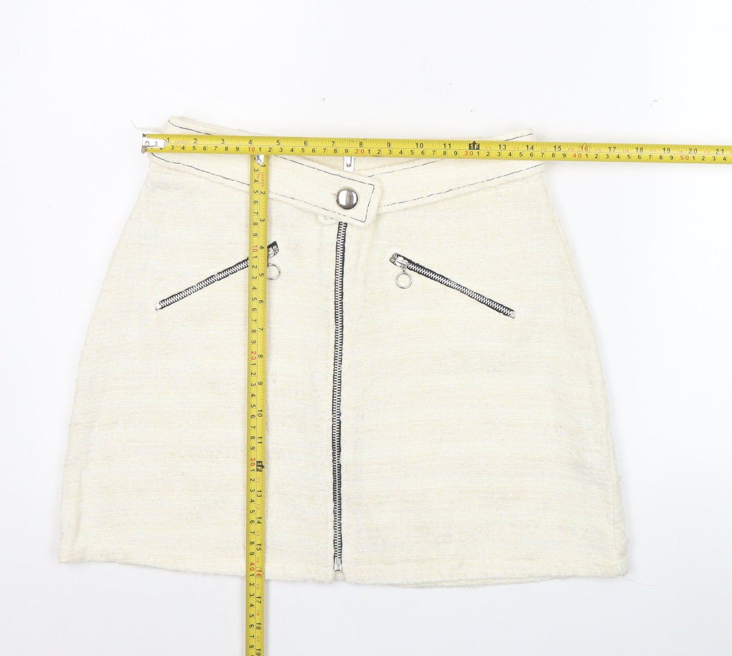 Zara Women’s Ivory Tweed Mini Skirt M Zip Front Lined Cotton Blend