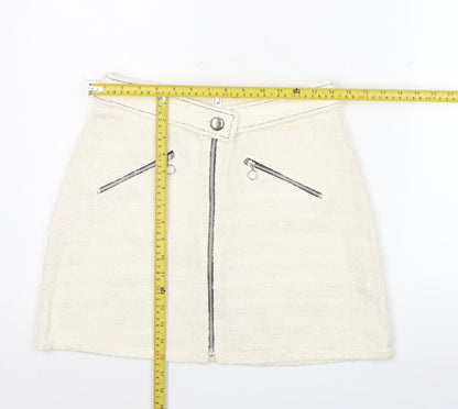 Zara Women’s Ivory Tweed Mini Skirt M Zip Front Lined Cotton Blend