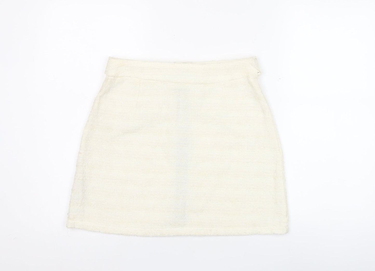 Zara Women’s Ivory Tweed Mini Skirt M Zip Front Lined Cotton Blend