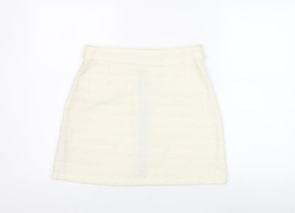 Zara Women’s Ivory Tweed Mini Skirt M Zip Front Lined Cotton Blend