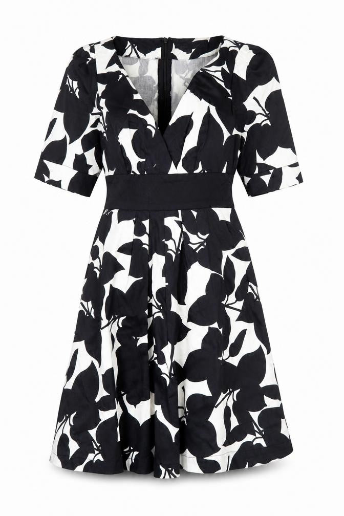 Front view of French Connection Women’s Black White A-Line Dress, size UK 10, V-Neck