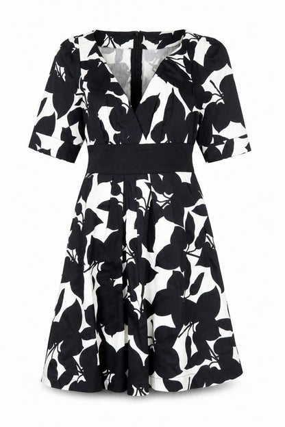 Front view of French Connection Women’s Black White A-Line Dress, size UK 10, V-Neck