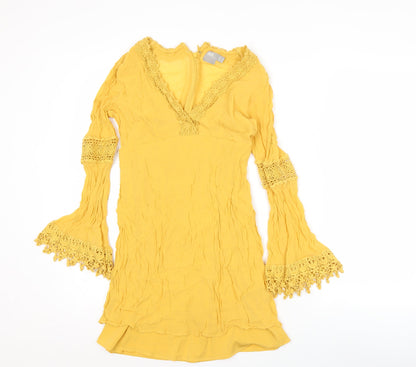 ASOS Womens Yellow Viscose Shift Dress Size 8 Boho Crochet Long Sleeve