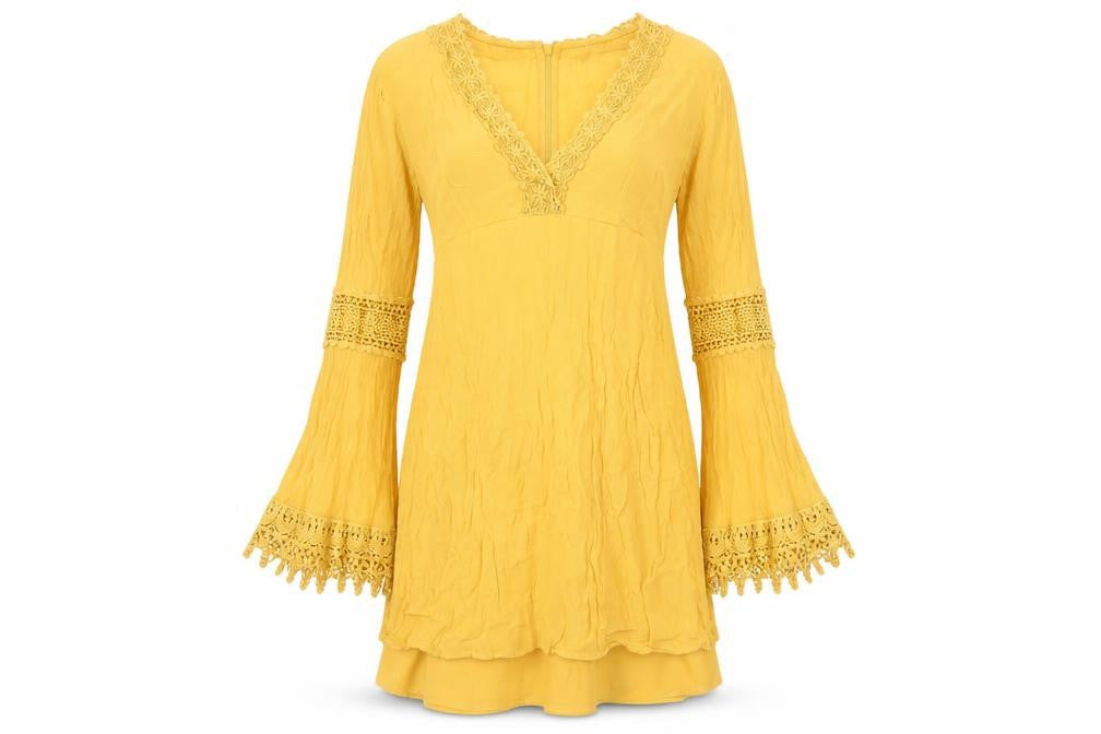 Front view of ASOS women’s yellow viscose shift dress, size UK 8, boho crochet long sleeve