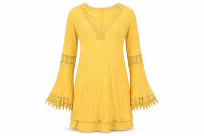 Front view of ASOS women’s yellow viscose shift dress, size UK 8, boho crochet long sleeve