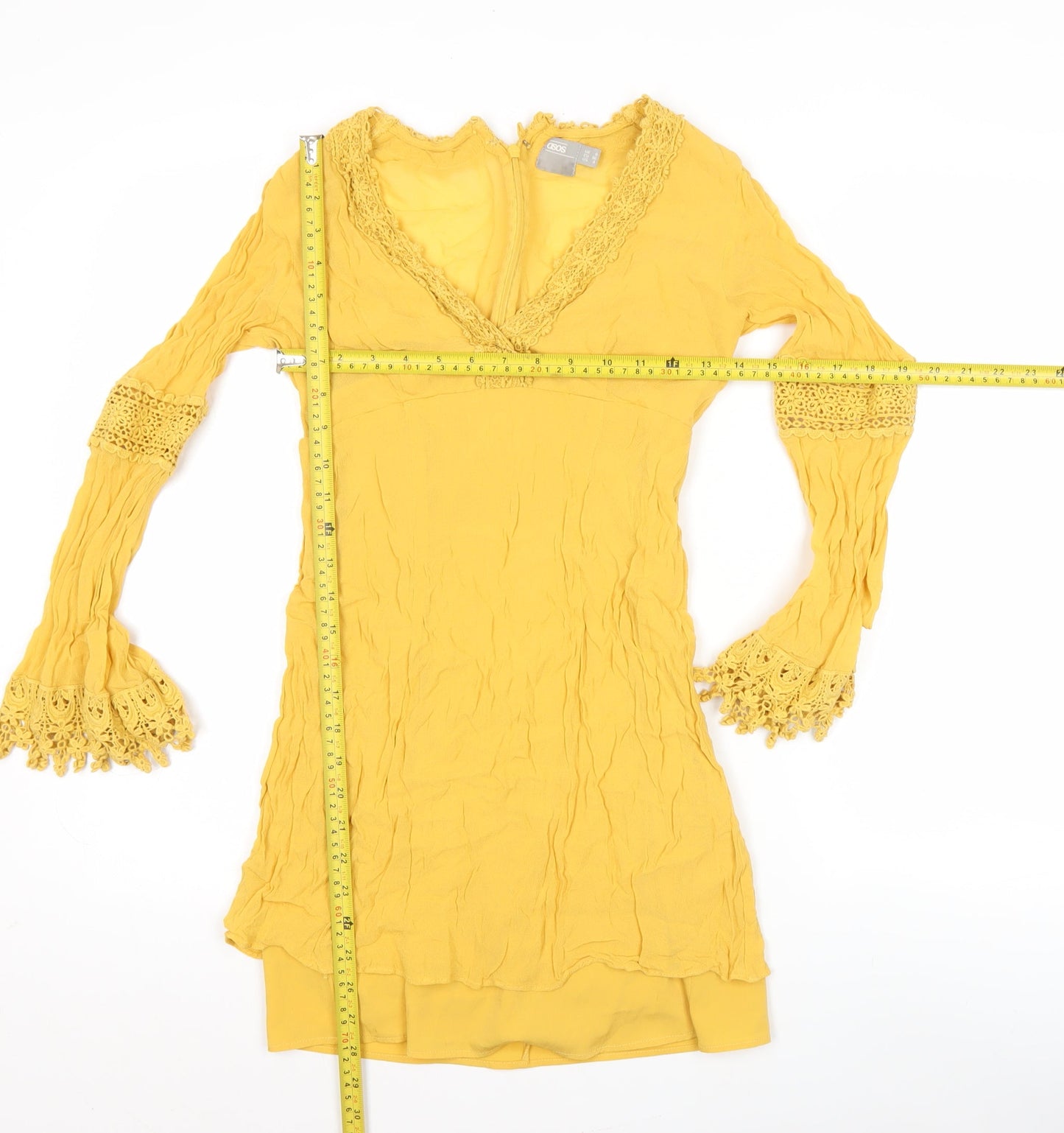 ASOS Womens Yellow Viscose Shift Dress Size 8 Boho Crochet Long Sleeve
