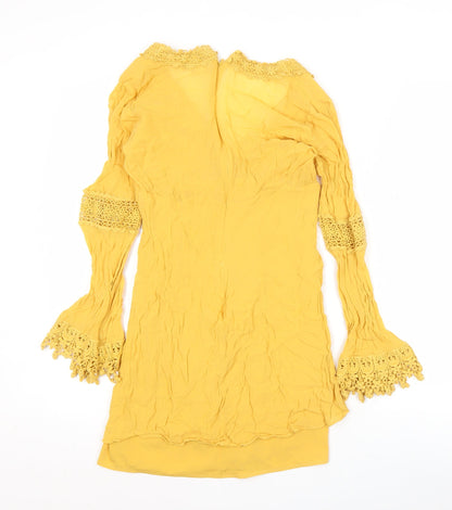 ASOS Womens Yellow Viscose Shift Dress Size 8 Boho Crochet Long Sleeve