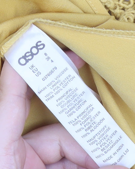 ASOS Womens Yellow Viscose Shift Dress Size 8 Boho Crochet Long Sleeve