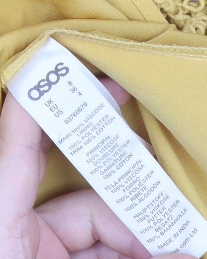 ASOS Womens Yellow Viscose Shift Dress Size 8 Boho Crochet Long Sleeve