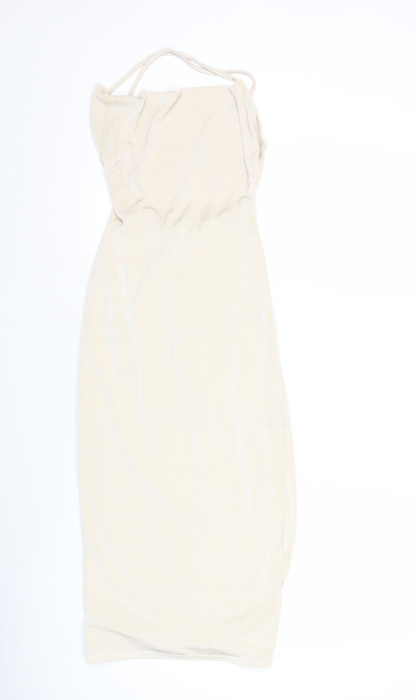 Pink Vanilla Women’s Beige Bodycon Midi Dress Size 6 Ruched