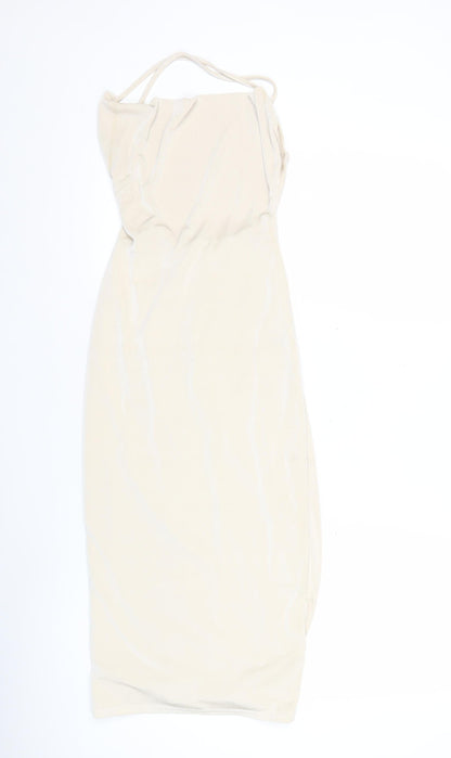 Pink Vanilla Women’s Beige Bodycon Midi Dress Size 6 Ruched