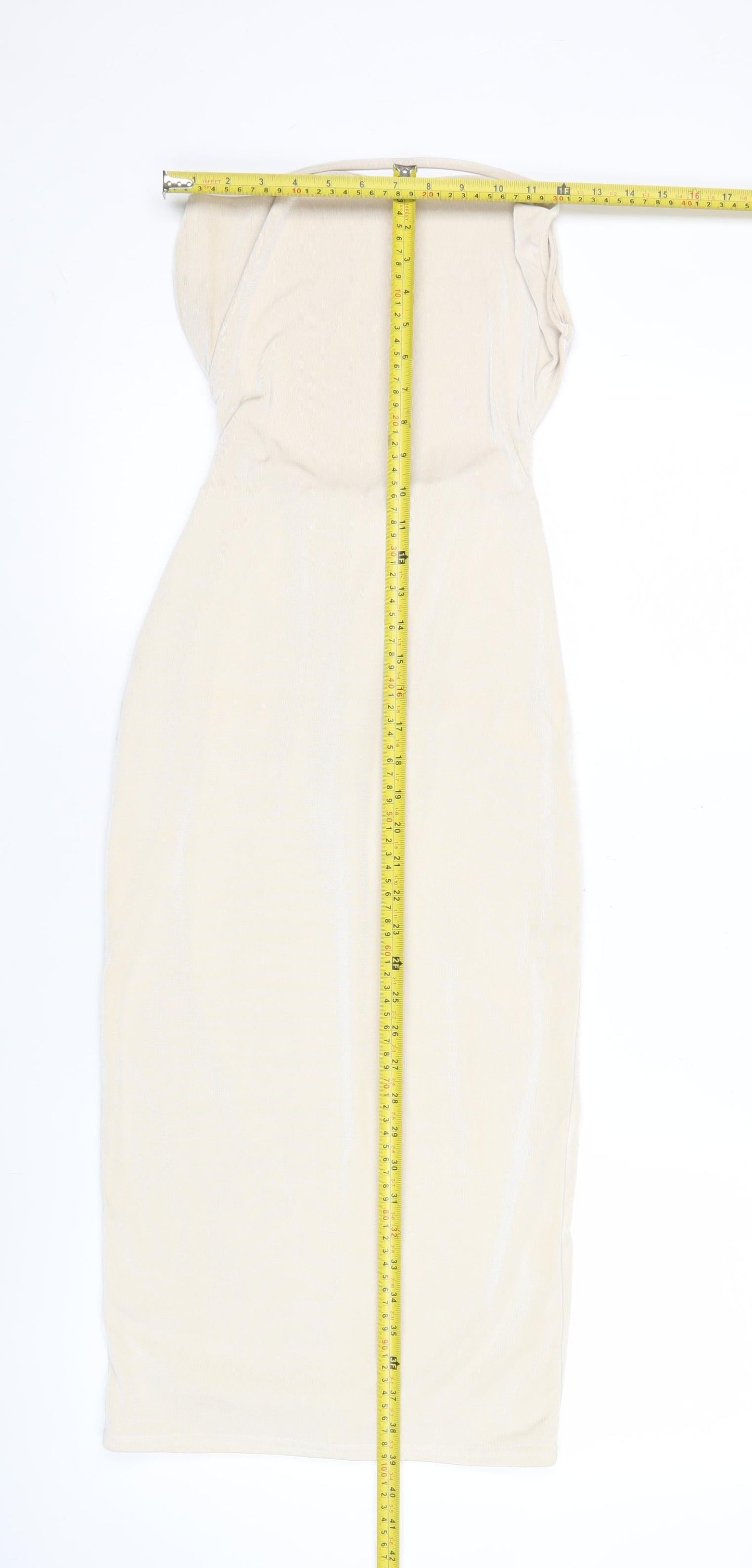 Pink Vanilla Women’s Beige Bodycon Midi Dress Size 6 Ruched