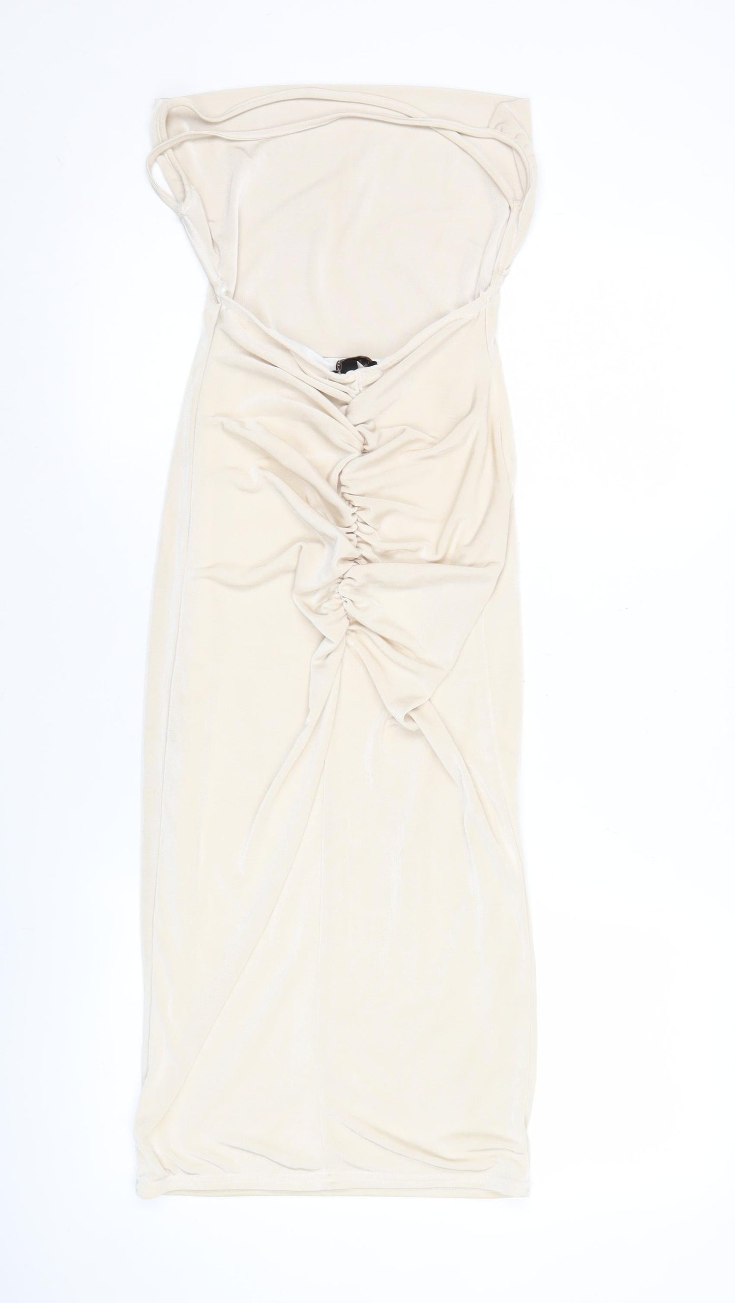 Pink Vanilla Women’s Beige Bodycon Midi Dress Size 6 Ruched