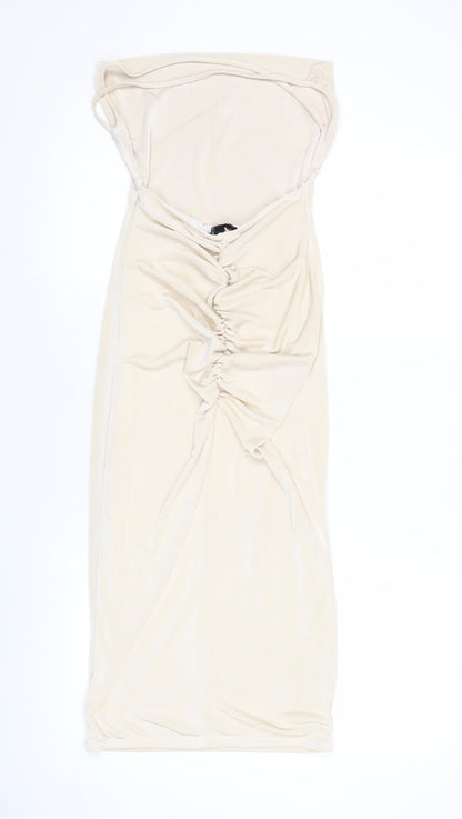 Pink Vanilla Women’s Beige Bodycon Midi Dress Size 6 Ruched