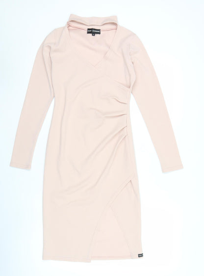 ZIP-CODE Women Beige XS Bodycon Knee Length Long Sleeve V-Neck Dress