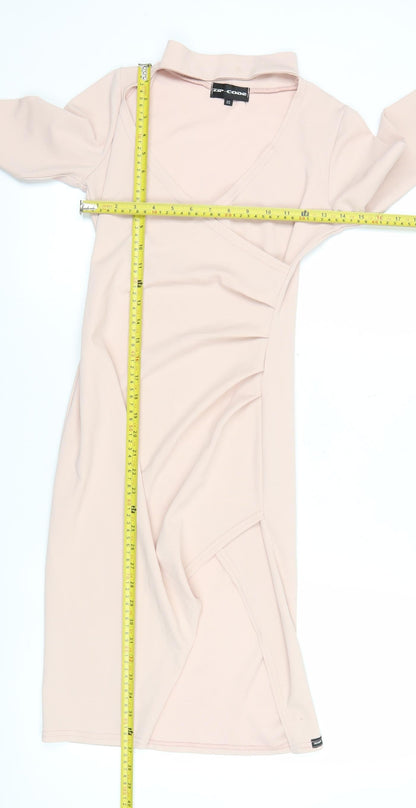 ZIP-CODE Women Beige XS Bodycon Knee Length Long Sleeve V-Neck Dress