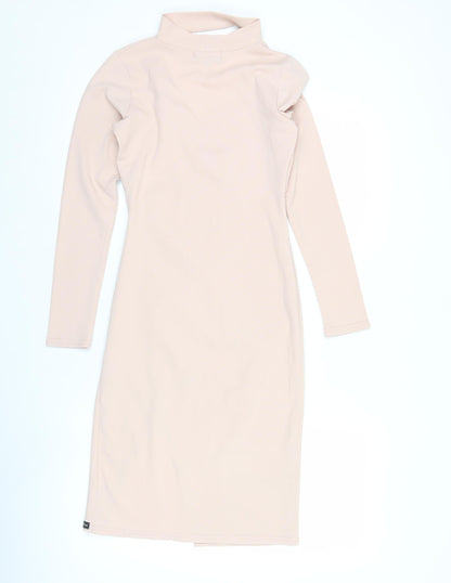 ZIP-CODE Women Beige XS Bodycon Knee Length Long Sleeve V-Neck Dress