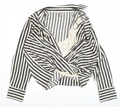 H&M Womens Black White Striped Wrap Blouse Size 12 Long Sleeve