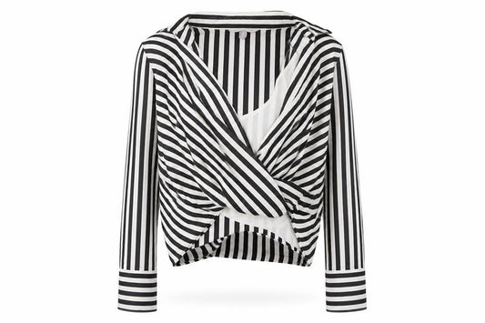 H&M Womens Black White Striped Wrap Blouse Size 12 Long Sleeve