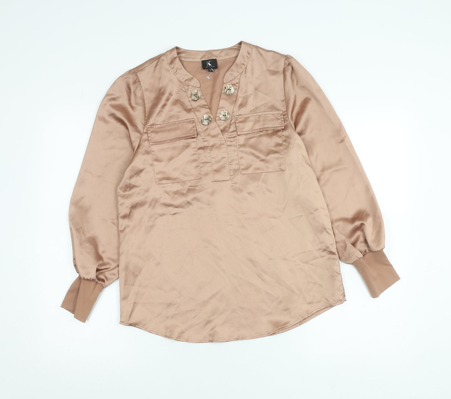 K Design Women’s Beige Satin Blouse Size S Long Sleeve Tunic