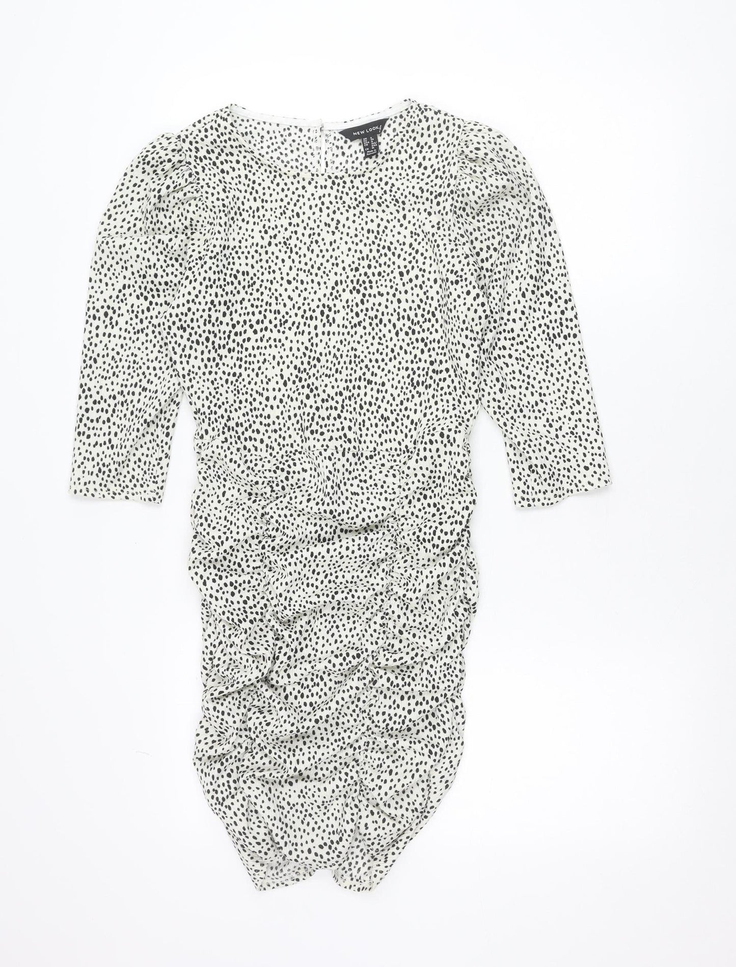 New Look Women White Animal Print Bodycon Dress Size 8 Long Sleeve Ruched