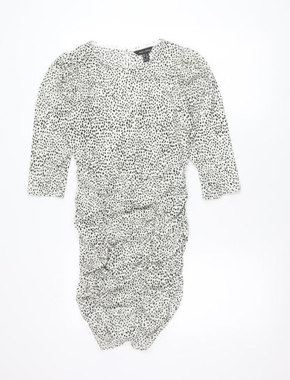 New Look Women White Animal Print Bodycon Dress Size 8 Long Sleeve Ruched