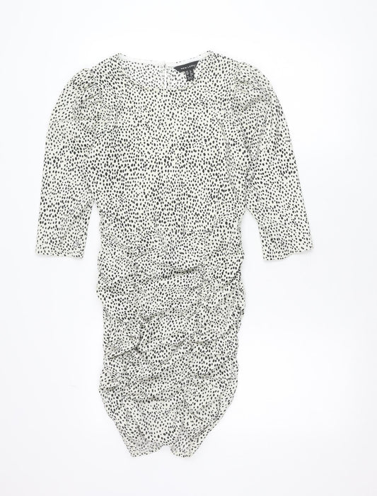 New Look Women White Animal Print Bodycon Dress Size 8 Long Sleeve Ruched