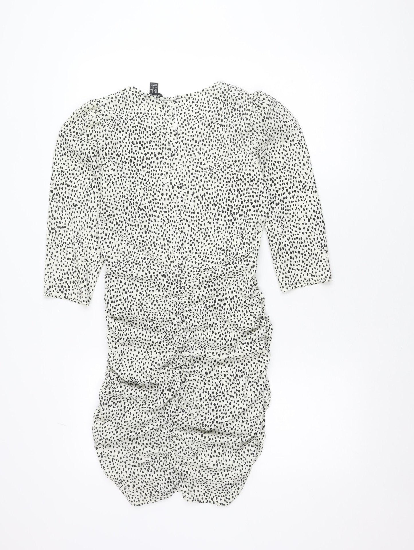 New Look Women White Animal Print Bodycon Dress Size 8 Long Sleeve Ruched