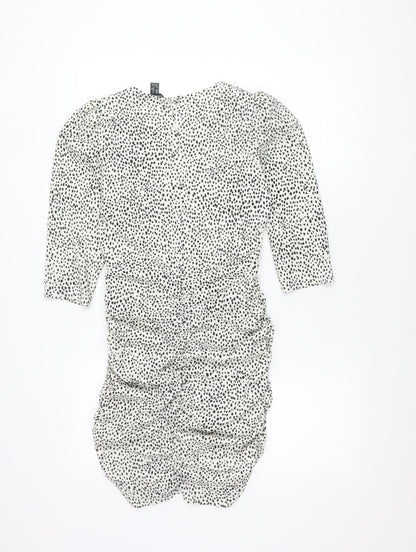 New Look Women White Animal Print Bodycon Dress Size 8 Long Sleeve Ruched