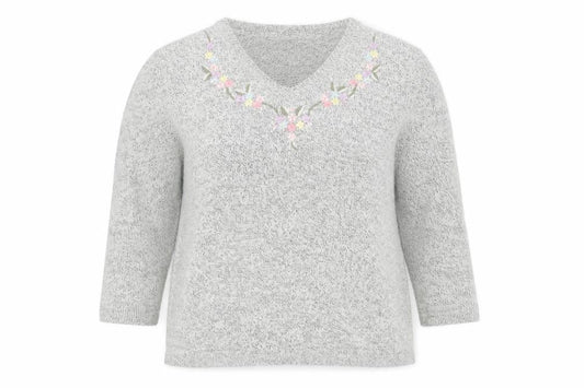 Damart Women’s Grey Floral Embroidered V-Neck Knit Jumper Size 10/12