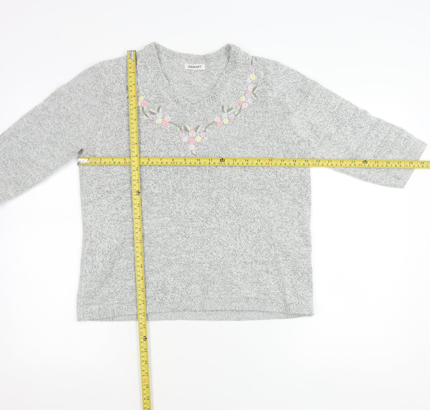 Damart Women’s Grey Floral Embroidered V-Neck Knit Jumper Size 10/12