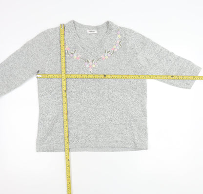 Damart Women’s Grey Floral Embroidered V-Neck Knit Jumper Size 10/12