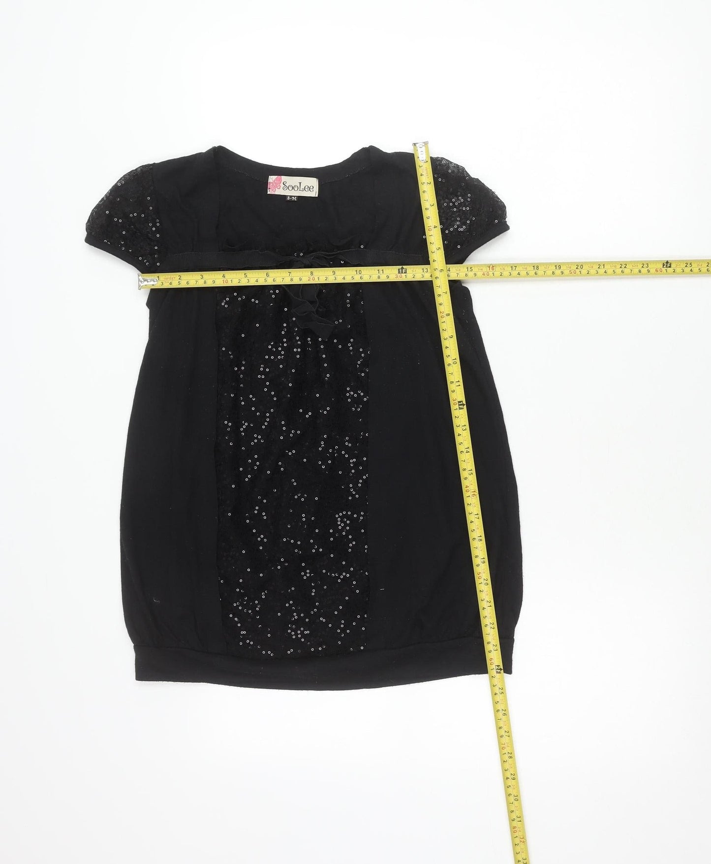 SooLee Women Black Sequin Tunic Blouse S Short Sleeve Party Top