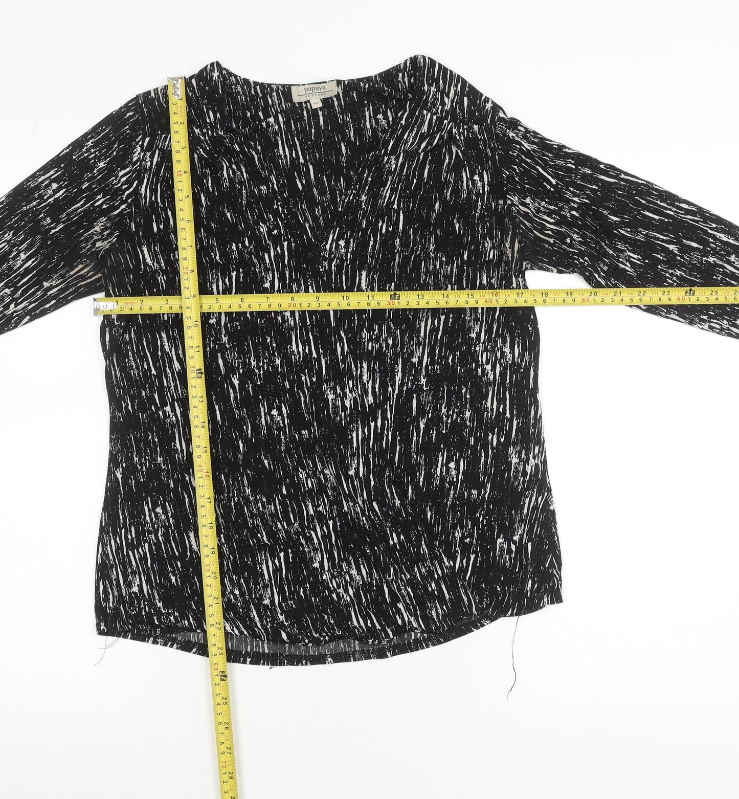 Papaya Women’s Black Abstract V-Neck Tunic Blouse Size 10