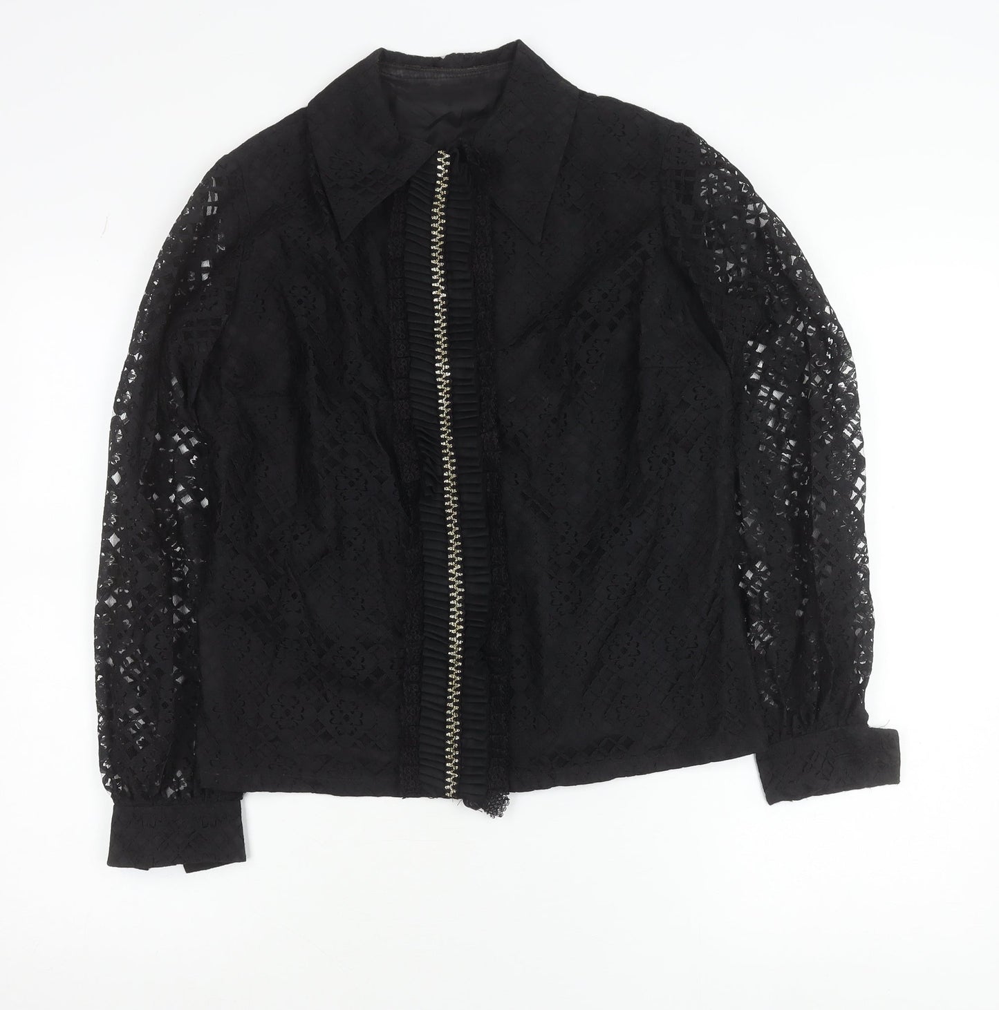 Dereta London Womens Black Lace Blouse Size 14 Zip Long Sleeve Vintage