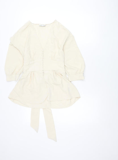 Topshop Women’s Ivory Wrap Blouse Size 10 Long Sleeve Puff Tie Waist