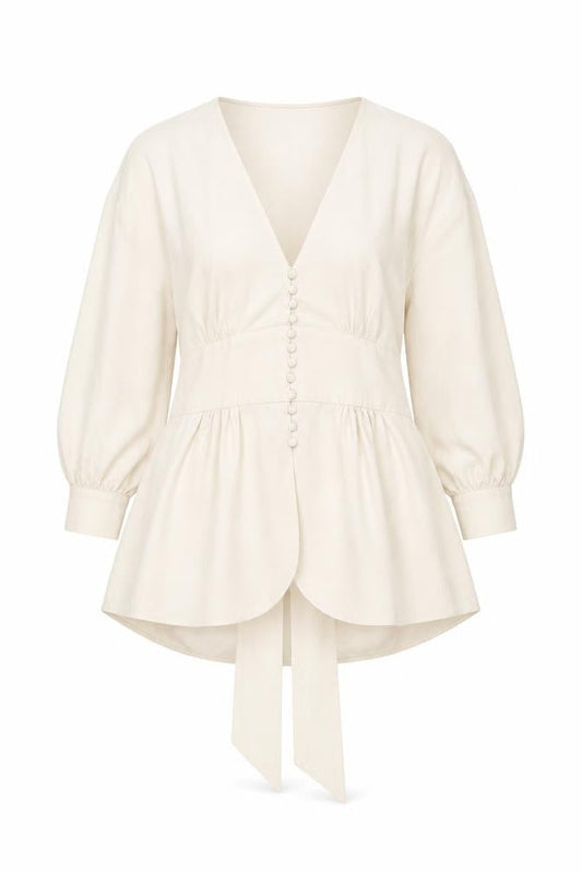 Topshop Women’s Ivory Wrap Blouse Size 10 Long Sleeve Puff Tie Waist
