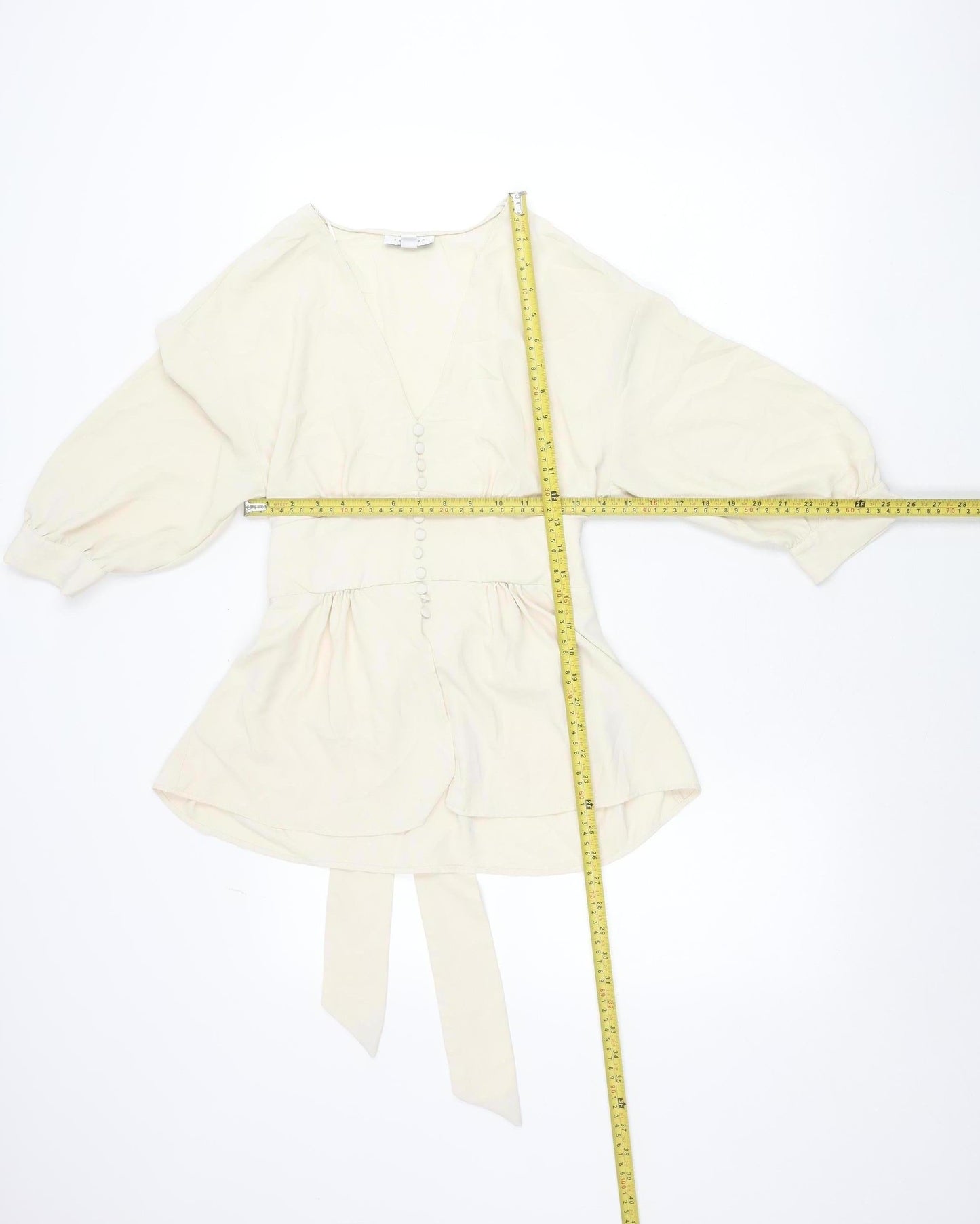 Topshop Women’s Ivory Wrap Blouse Size 10 Long Sleeve Puff Tie Waist