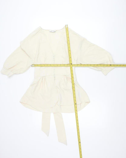 Topshop Women’s Ivory Wrap Blouse Size 10 Long Sleeve Puff Tie Waist
