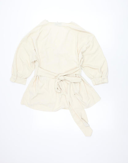Topshop Women’s Ivory Wrap Blouse Size 10 Long Sleeve Puff Tie Waist
