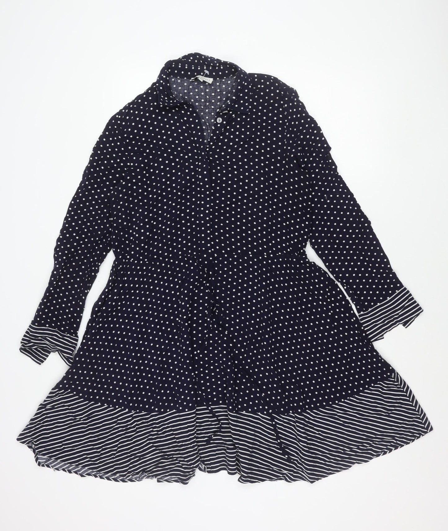 Warehouse Women Blue Polka Dot Stripe Shirt Dress Size 10 Long Sleeve Asymmetric Hem