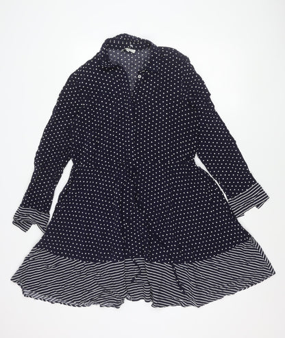 Warehouse Women Blue Polka Dot Stripe Shirt Dress Size 10 Long Sleeve Asymmetric Hem